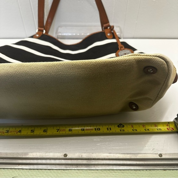 Lauren Ralph Lauren Black White Striped Canvas Tote Bag, Tan Base, Leather Trim - Picture 6 of 13